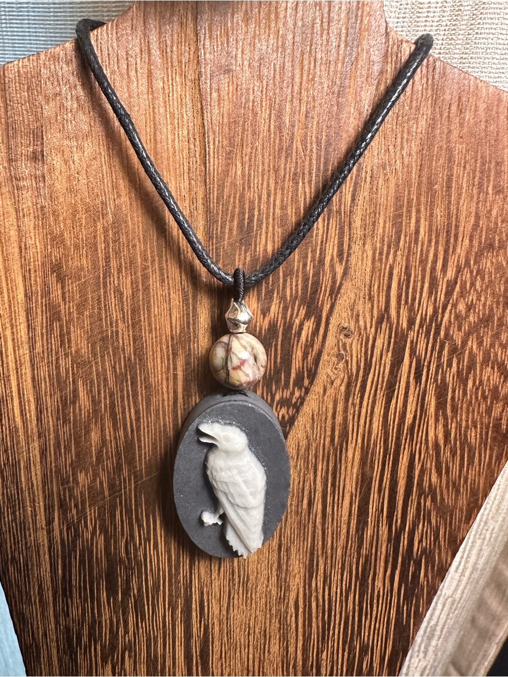 Handcrafted Tai Chi Stone Raven Pendant Necklace on Black Rope - Picture 8 of 11